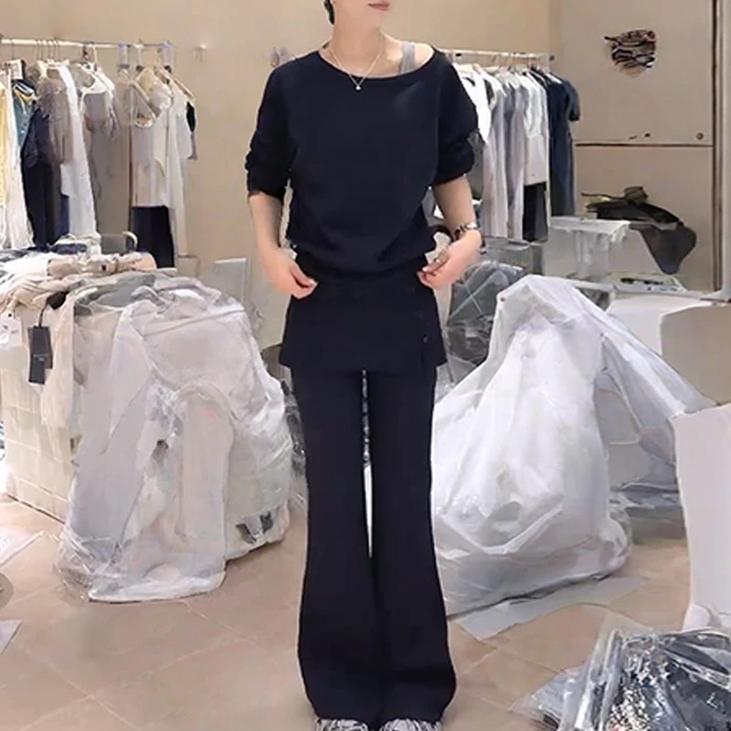 한국 스타일 순수한 욕망 바람 비스듬한 어깨 의류 탈착식 방귀 커튼 나팔 바지 세트 여성 2026 새로운 패션 슬림해 보이는 세트