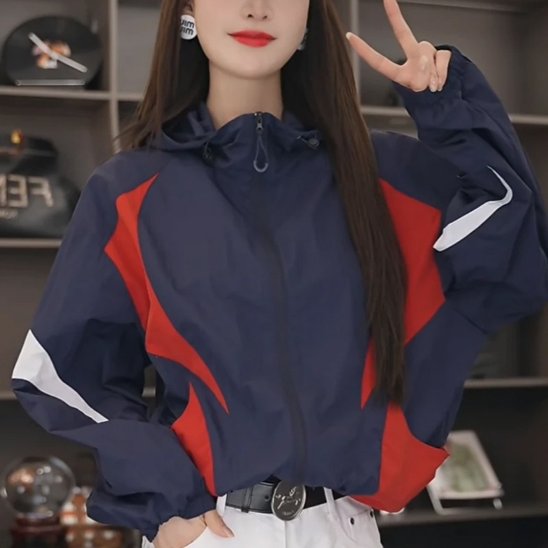 기하학 패치워크 2026 이른 봄 후드 지퍼 패치워크 섹션 자외선 차단 외투 다용도 주머니 캐주얼 워크웨어 팬츠