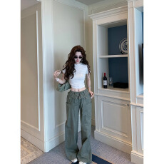 批发2026夏季<b class='q'>蕾丝</b>边圆领打底衫t恤女修身纯欲上衣复古工装裤<b class='q'>两件套</b>