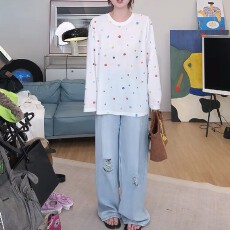 批发2026新款时尚套装夏季彩色小<b class='q'>圆点</b>宽松圆领上衣舒适百搭牛仔<b class='q'>裤</b>