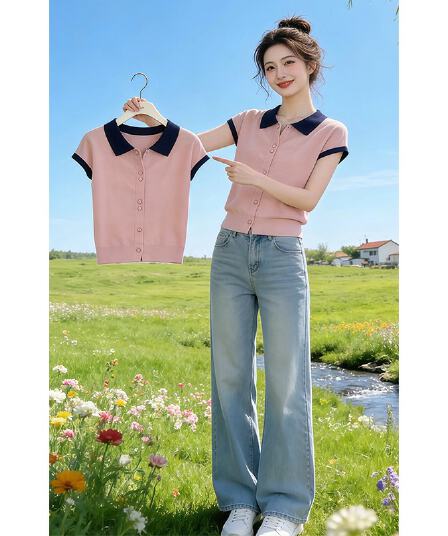 배색 POLO 칼라 반팔 니트 오픈 가디건 여성 2026 여름 부드러운 디스플레이 화이트 루즈핏 연령 감소 슬림해 보이는 빅 사이즈 맨위