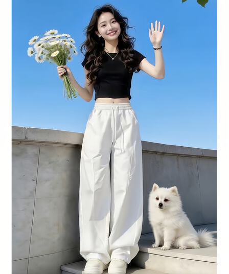 2026 여름 얇고 가벼운 슬림해 보이는 표지 고기 와이드 레그 팬츠 지방 mm 하이웨이스트 주름 운동 바지 트렌드 캐주얼 바지
