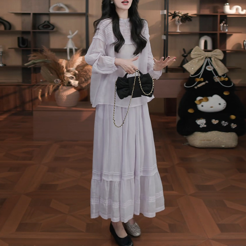 프릴 반신 스커트 플리츠 세트 여성 2026 봄 여름 셔츠 디자인 일상 미니멀리즘 바람 부드러운 센스 착용 가져 가라.