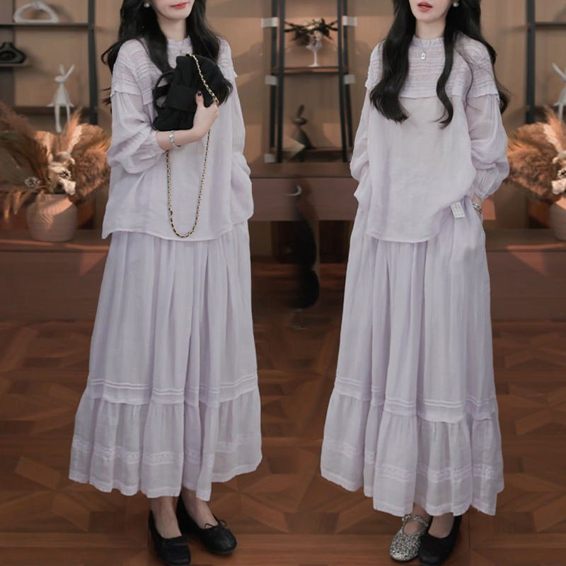 프릴 반신 스커트 플리츠 세트 여성 2026 봄 여름 셔츠 디자인 일상 미니멀리즘 바람 부드러운 센스 착용 가져 가라.