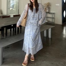 批发2026春夏季法式复古荷叶边长袖花纹<b class='q'>连衣裙</b>宽松显瘦中长款裙子<b class='q'>女</b>款