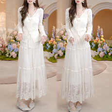 批发韩系系带开衫网纱半身裙套装女2026春秋<b class='q'>新款</b>显瘦显高百搭通勤套装