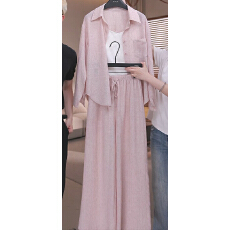 批发2026时尚套<b class='q'>装</b>夏季高级感时尚翻领贴袋宽松<b class='q'>长袖</b>衬衫高腰阔腿<b class='q'>裤</b>