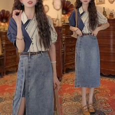 批发时尚通勤套装<b class='q'>女士</b>2026夏季翻领条纹撞色短袖<b class='q'>衬衫</b>阔腿牛仔裤两件套