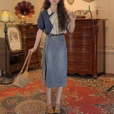 批发时尚通勤套装<b class='q'>女士</b>2026夏季翻领条纹撞色短袖<b class='q'>衬衫</b>阔腿牛仔裤两件套