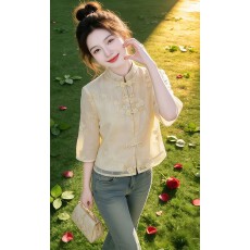 批发新中式国风<b class='q'>立领</b>盘扣刺绣衬衫女士2026夏季新款高级感短款小衫上衣