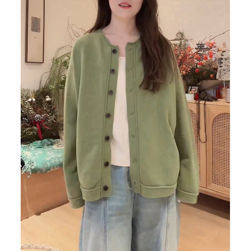 출퇴근 캐주얼 바람 녹색 오픈 가디건 루즈핏 핏 스타일 라운드 넥 디자인 2026 봄 여름 출퇴근 다용도 재킷