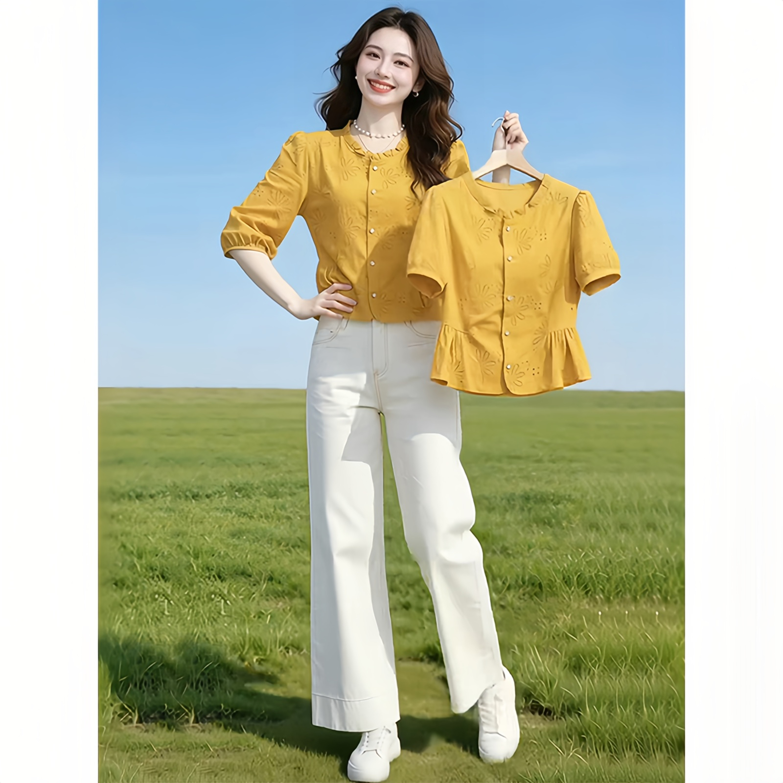 고급 센스 5 점 소매 셔츠 여성 2026 여름 새로운 우아함 세련된 외국 가스 자수 맨위