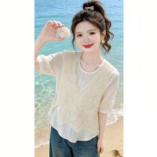 批发蕾丝假两件短袖衬衫女2026夏季新款洋气宽松显瘦潮流短袖t恤上衣