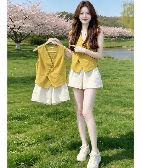 프랑스식 고급 센스 민소매 베스트 2026 넓은 다리가 짧다. 바지 세트 여성 여름 작은 키 출퇴근 패션 투피스 세트