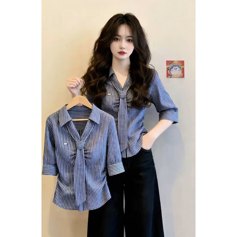 한 부서 출퇴근 일상 여성 셔츠 2026 여름 스트라이프 셔츠 칼라 중간 소매 리본 허리 수축 슬림해 보이는 디자인 센스
