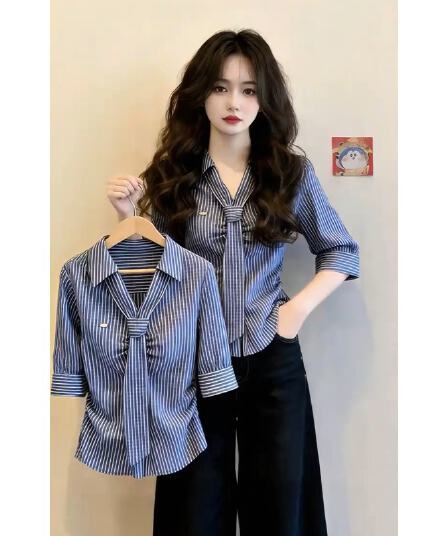 한 부서 출퇴근 일상 여성 셔츠 2026 여름 스트라이프 셔츠 칼라 중간 소매 리본 허리 수축 슬림해 보이는 디자인 센스