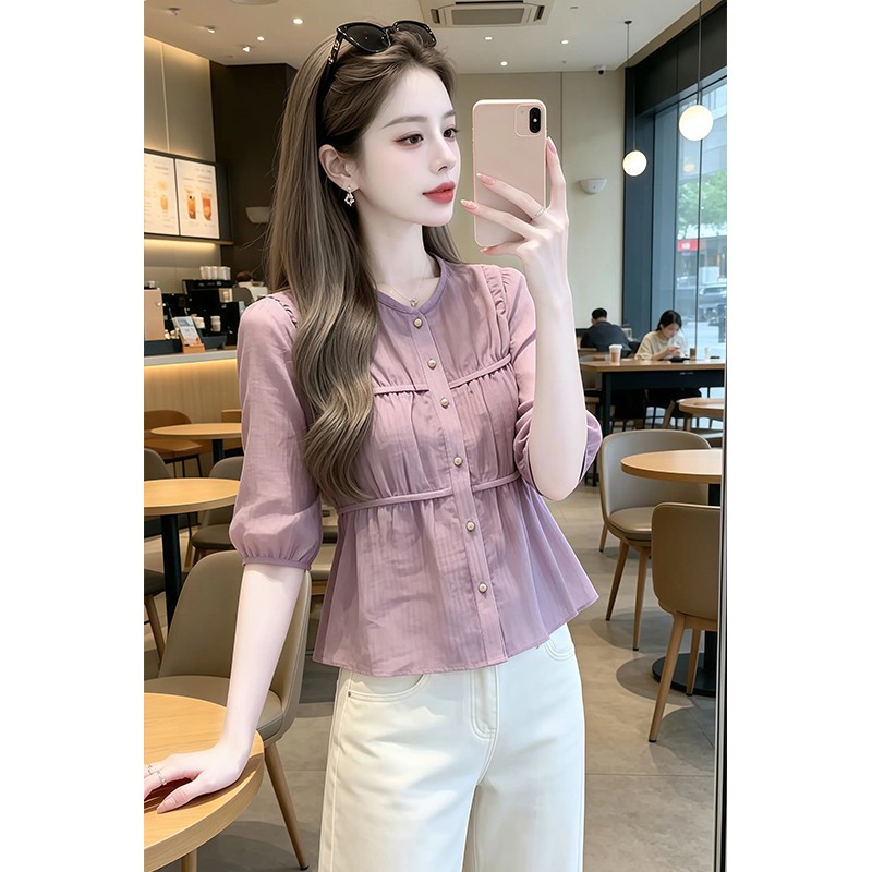 프랑스식 품격 핀치 Pleat 디자인 센스 반팔 여성 셔츠 2026 여름 새로운 트렌드 달콤함 슬림해 보이는 외국 가스 맨위