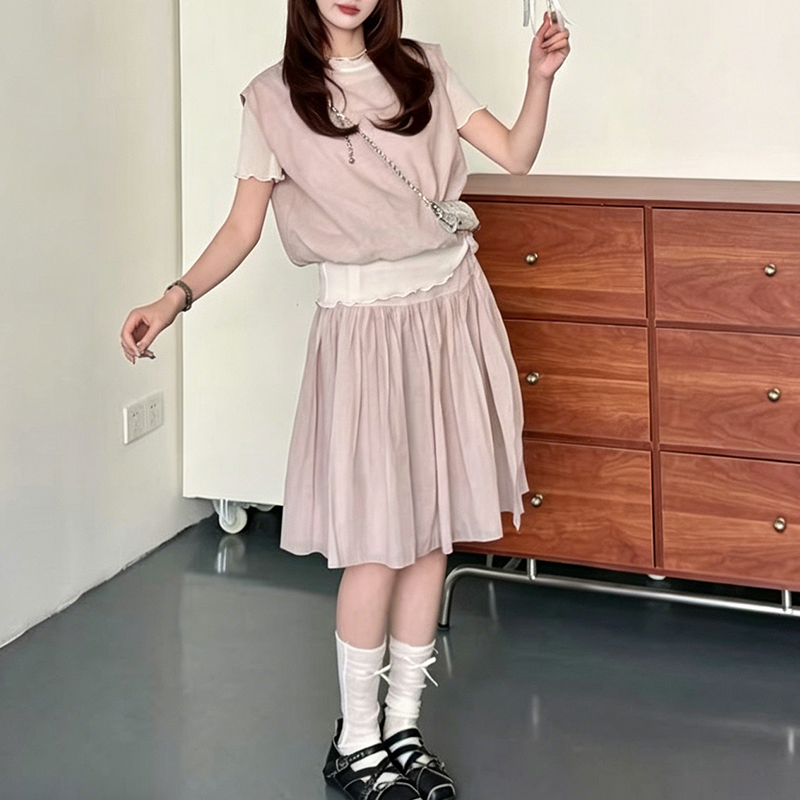 여름 새로운 망사 반팔 조끼 벨트 미니 스커트 사피스 세트 로드 중 여성 2026 여름 새로운 트렌드 세트