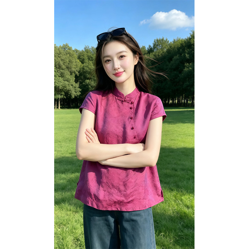 중식 젠 질감 센스 작은 셔츠 레트로 스탠드 칼라 비스듬한 단추 루즈핏 2026 새로운 슬림해 보이는 반팔 맨위