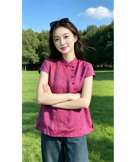 중식 젠 질감 센스 작은 셔츠 레트로 스탠드 칼라 비스듬한 단추 루즈핏 2026 새로운 슬림해 보이는 반팔 맨위