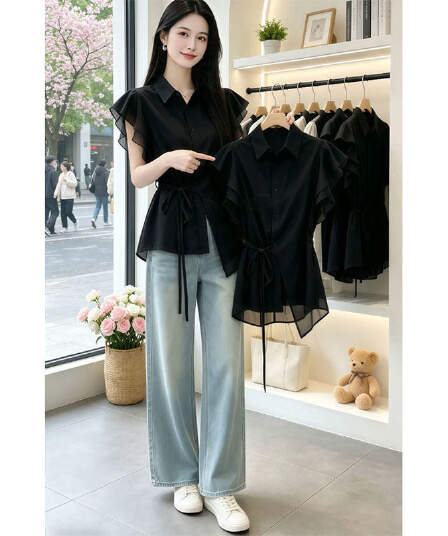 검정색 작은 날다 소매 레이스업 불규칙 허리 수축 여성 셔츠 여름 새로운 인기 폴로 칼라 셔츠 디자인 센스 맨위