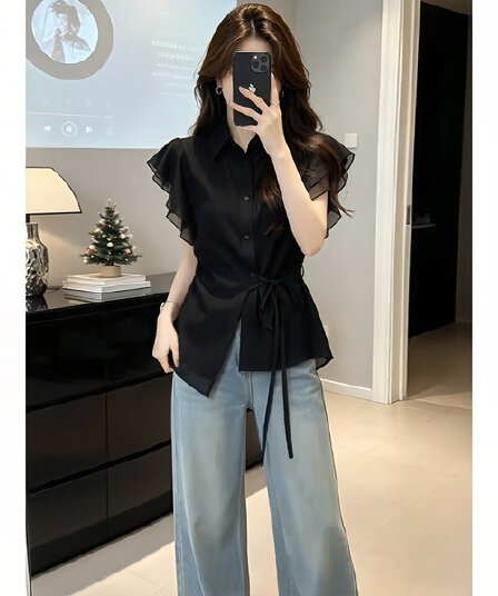 검정색 작은 날다 소매 레이스업 불규칙 허리 수축 여성 셔츠 여름 새로운 인기 폴로 칼라 셔츠 디자인 센스 맨위