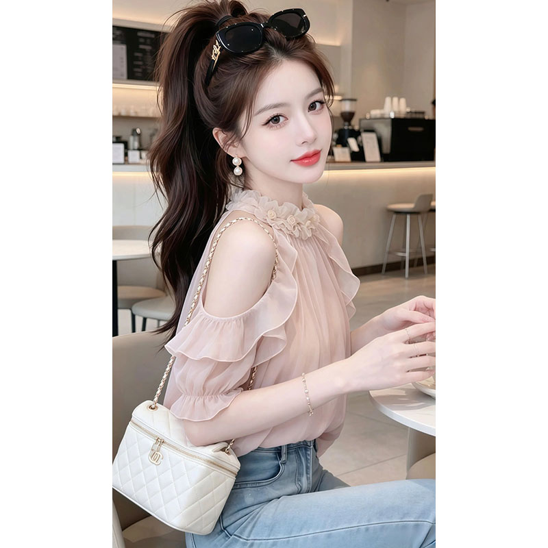 프랑스식 패치워크 행침 목 셔츠 2026 여름 새로운 작은 대중 슬림해 보이는 오프숄더 맨위