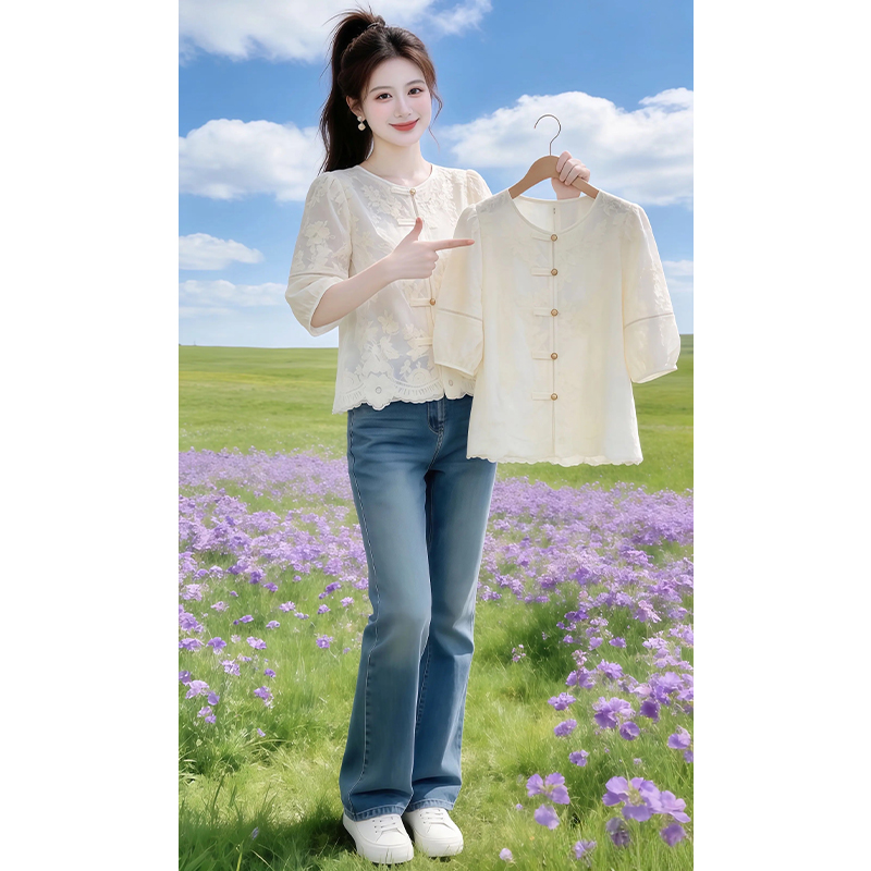 새로운 중식 라운드 넥 트렌드 반팔 슬림해 보이는 맨위 여성 2026 여름 품격 국풍 새로운 중식 인터넷 유명인 셔츠
