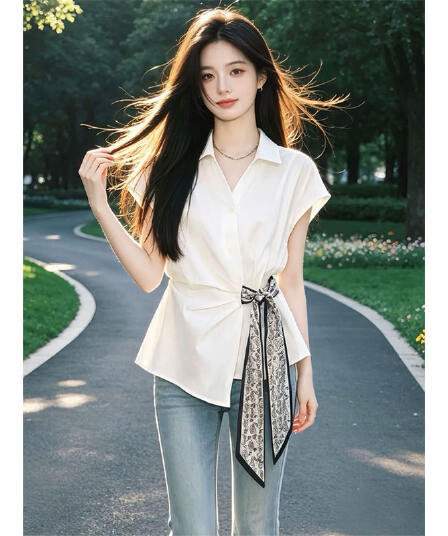 향기로운 듀오 출퇴근 바람 레이스업 허리 수축 셔츠 여성 작은 키 여름 새로운 다용도 작은 대중 반팔 셔츠