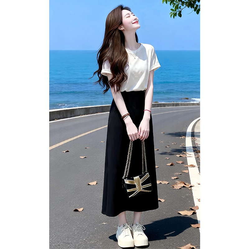 향기로운 듀오 여름 부드러운 바람 반팔 맨위 반신 치마 세트 고급 센스 슬림해 보이는 투피스 세트
