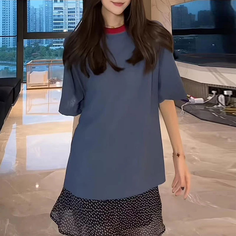 느긋한 바람 배색 패치워크 티셔츠 2026 여성 의류 여름 새로운 패션 다용도 캐주얼 라운드 넥 루즈핏 슬림해 보이는 티셔츠