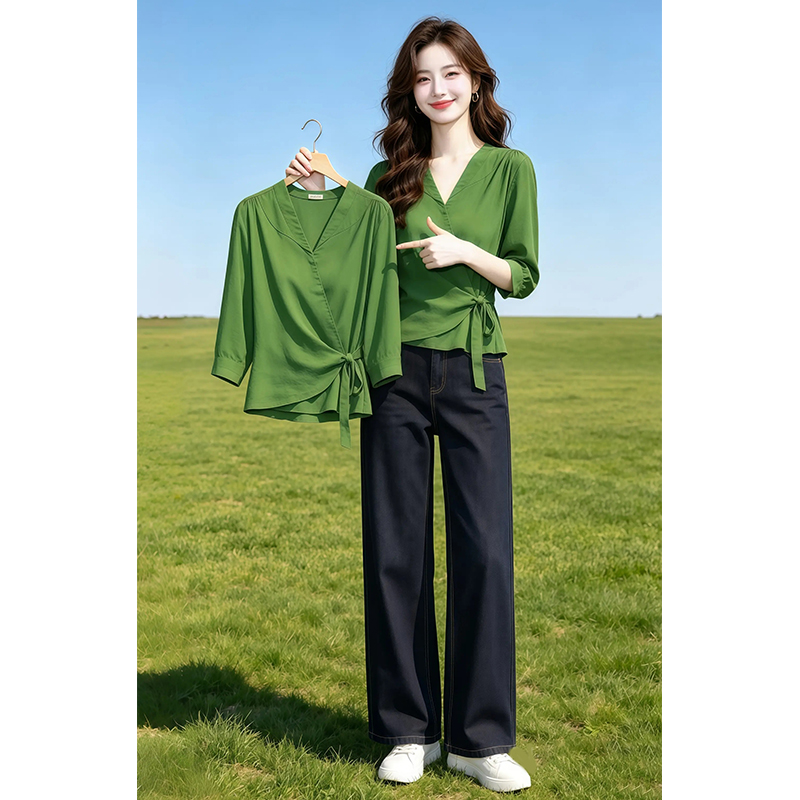 향기로운 듀오 고급 작은 대중 V넥 여성 셔츠 레이스업 출퇴근 맨위 슈퍼 잘 생긴 2026 여름 새로운 여성 의류
