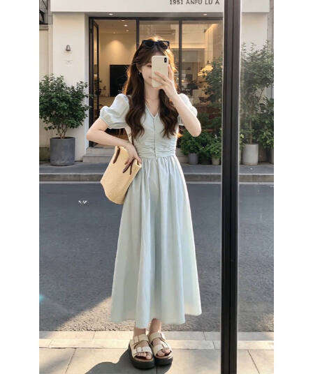 한 부서 chic 첫사랑 센스 부드러운 치마 v 수신 Pleat 디자인 2026 슬림해 보이는 디스플레이 높음 거품 소매 다용도 드레스
