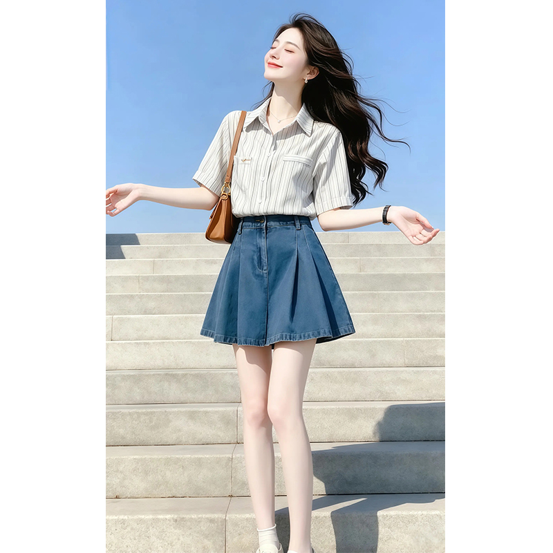 작은 키 학원 스타일 착용 가져 가라. 여성 2026 여름 새로운 셔츠 하이웨이스트 플리츠 바지 트렌드 세트 여성
