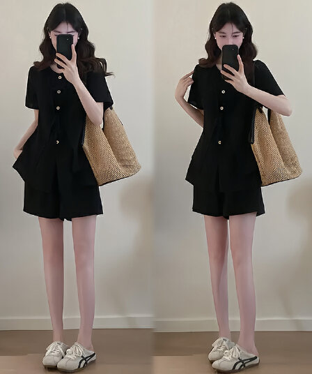 페이크 레이어드 레이스업 허리 수축 반팔 맨위 하이웨이스트 넓은 다리가 짧다. 바지 두 조각 여성 세트 2026 새로운 세트