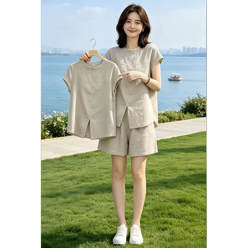 단색 라운드 넥 트임 밑단 맨위 반바지 2026 여름 새로운 패션 트렌드 인터넷 유명인 인기 세트