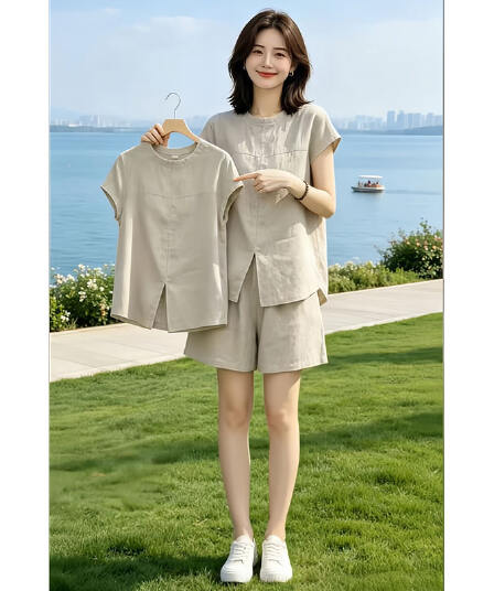 단색 라운드 넥 트임 밑단 맨위 반바지 2026 여름 새로운 패션 트렌드 인터넷 유명인 인기 세트