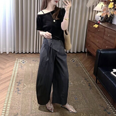 批发韩版时尚套<b class='q'>装</b>女夏季新款斜领露肩<b class='q'>短袖</b>T恤上衣休闲阔腿<b class='q'>裤</b><b class='q'>两件套</b>女