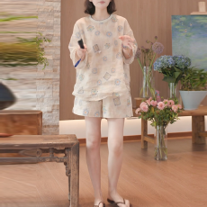 批发宝相花开26年<b class='q'>夏</b>季新款休闲圆领短袖蓝松紧腰短裤时尚<b class='q'>套装</b>