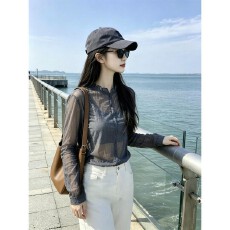 批发海盐天空夏季韩系上衣小个子休闲罩衫薄纱花边领<b class='q'>长袖</b>衬衫女