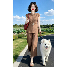 批发焦糖蛋糕时尚气质<b class='q'>名媛</b><b class='q'>套装</b>女2026夏季新款上衣阔腿裤两件套