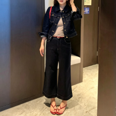 批发香朵儿韩风整套女装春秋季复古港风<b class='q'>牛仔</b>外套阔腿长裤两件套装