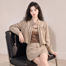 批发SHALLDOER波斯午后秋季立领抽褶长袖外套上衣+<b class='q'>高腰</b>半身A字裙