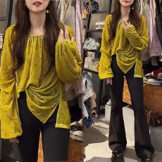 批发香朵儿韩系<b class='q'>碎花</b>套装松紧方领不规则上衣搭配高腰微喇长<b class='q'>裤</b>两件套女