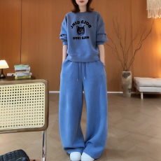批发猫咪字母印花休闲<b class='q'>套装</b>女秋宽松圆领卫衣阔腿长裤慵懒两件套