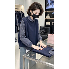 批发香朵儿2026春秋新款气质叠穿无袖圆领<b class='q'>针织</b>马甲翻领格子衬衫两件套