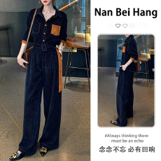 批发2026秋冬撞色口袋<b class='q'>牛仔</b><b class='q'>套装</b>女收腰系带衬衫阔腿裤复古两件套穿搭