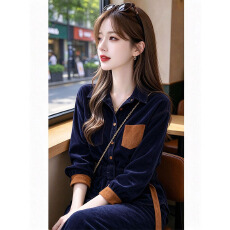 批发2026秋冬撞色口袋<b class='q'>牛仔</b><b class='q'>套装</b>女收腰系带衬衫阔腿裤复古两件套穿搭