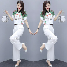 批发2026夏季新款数码<b class='q'>印花</b>上衣阔腿裤两件套潮韩版职业时尚<b class='q'>套装</b>