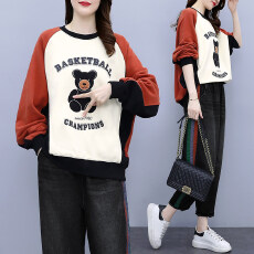 批发韩版休闲运动风超减龄贴布<b class='q'>小熊</b>字母印花宽松黄色T恤<b class='q'>卫衣</b>秋季